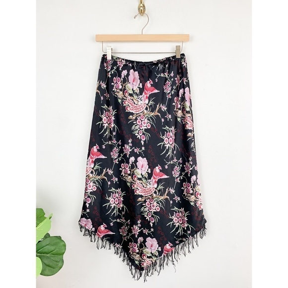 Vintage 90s Chinoiserie Floral Print Satin Fringe Midi Skirt Sz M - Picture 2 of 6